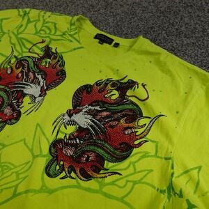 Affliction Shirt Mens 2XL Yellow Black Label Tiger Rhinestone Graphic Tee Tattoo